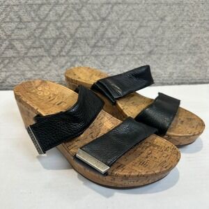 Vionic Black Leather Cork Wedge Sandals Women Size 7
